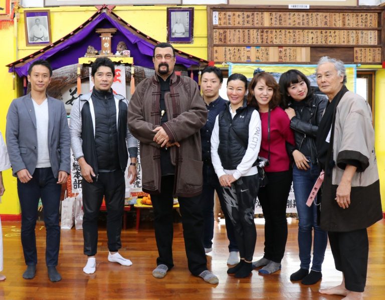 Steven Seagal with the Ageshio Japan team in a dojo