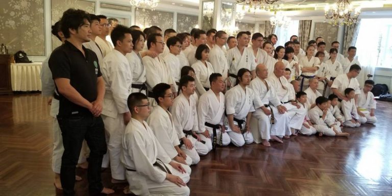Shanghai Okinawa karate seminar group in a dojo
