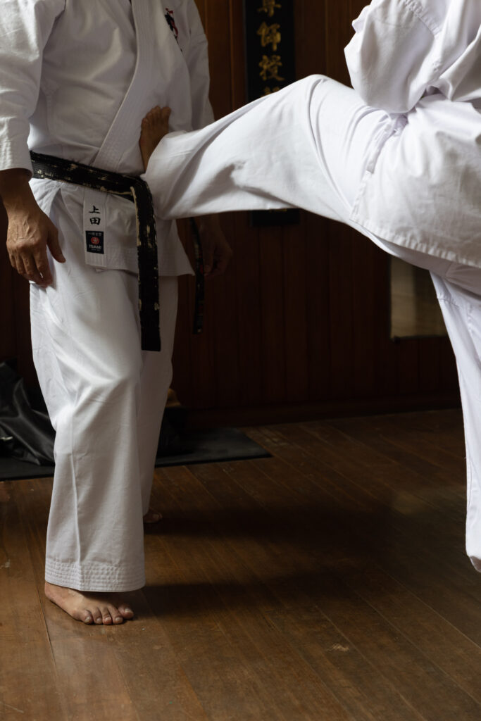 Karateka throwing a front kick in a dojo