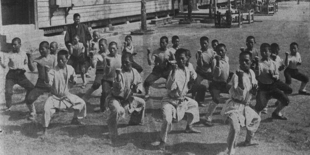 Historic photo of Okinawan karate practice