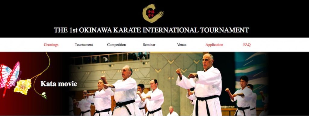 Okinawa Karate International Tournament website header with kata performers