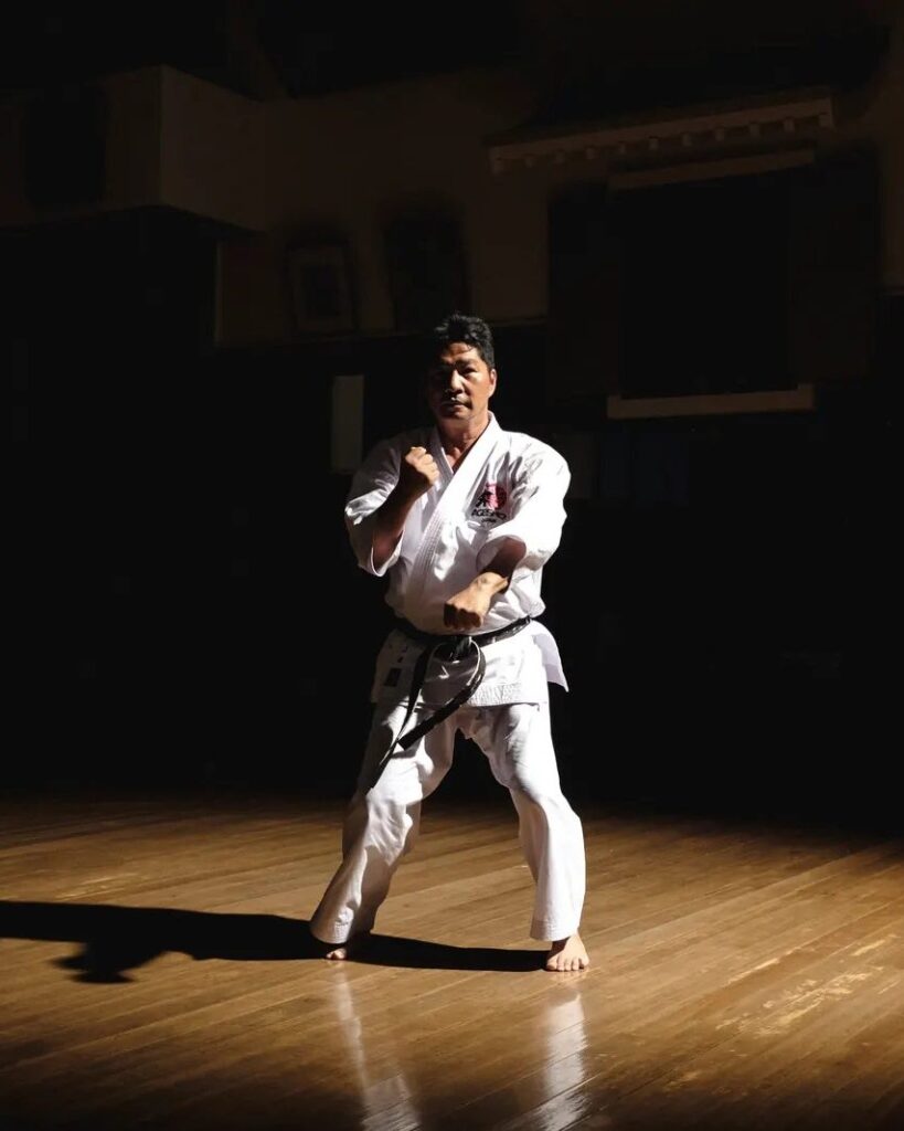 A karateka in a fighting stance, spotlit in a dark traditional dojo hall