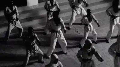 Karateka training together in an Okinawan dojo